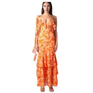 Finesse Floral Maxi Dress Womens Large Orange Ruffle Tiered Tropical Boho Summer